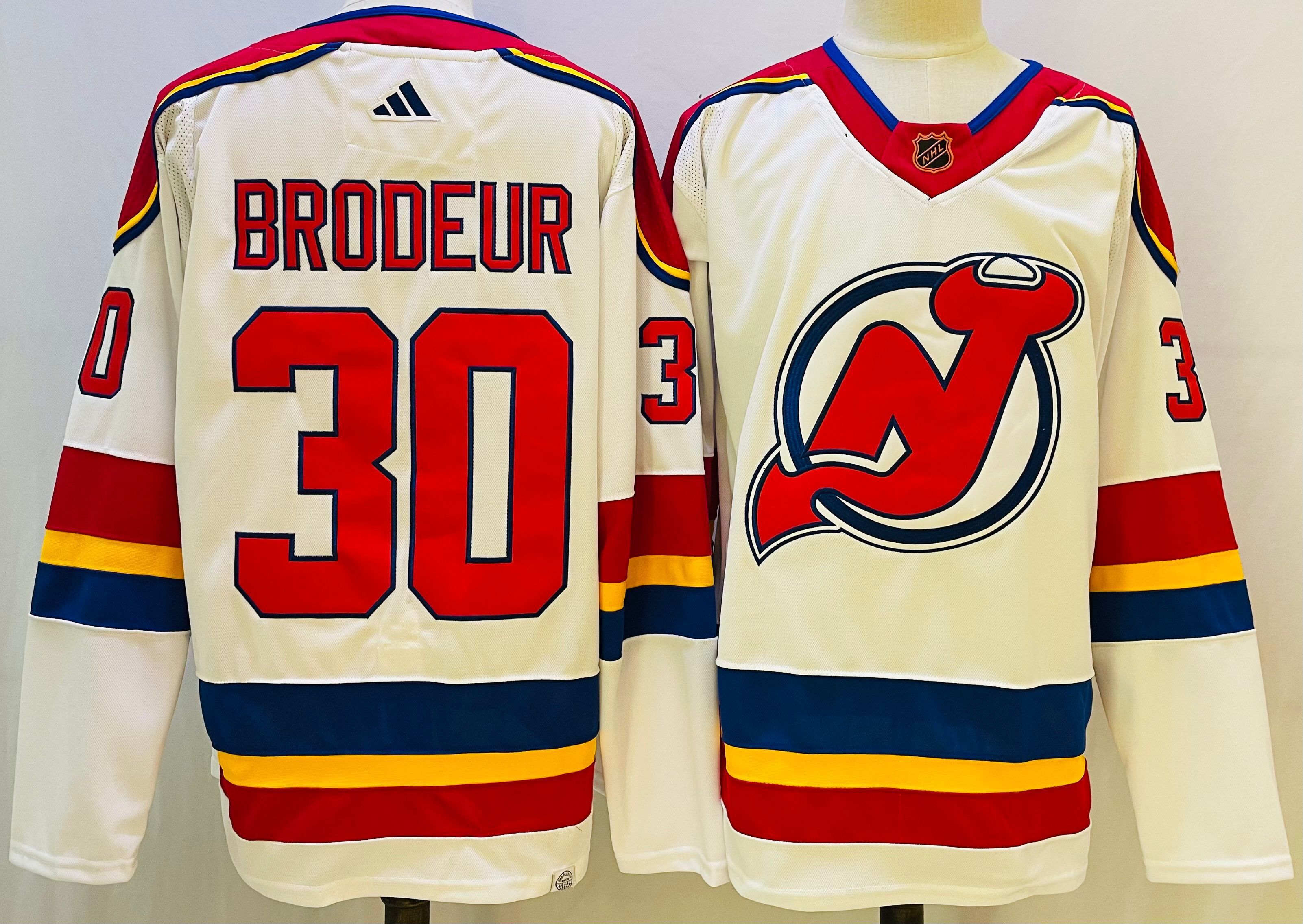 Men New Jersey Devils 30 Brodeur White Throwback 2022 Adidas NHL Jersey